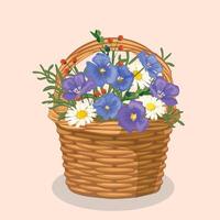 mano disegnato vettore illustrazione di selvaggio bouquet di fiori nel un' di vimini cestino