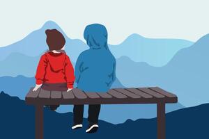 Due bambini seduta su un' panchina e ammirazione il scenario di montagne, indietro Visualizza, vettore