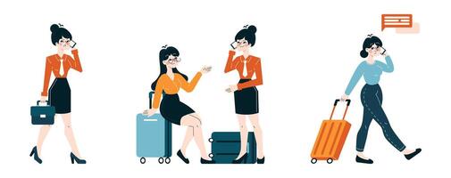 attività commerciale viaggio impostare. professionale donna nel diverso scenari vettore