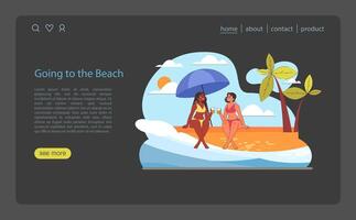 andando per il spiaggia concetto. amici condivisione un' soleggiato spiaggia giorno sotto un ombrello. vettore