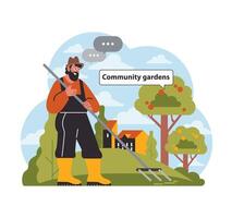 impegnato giardiniere promuove Comunità giardini. piatto vettore illustrazione