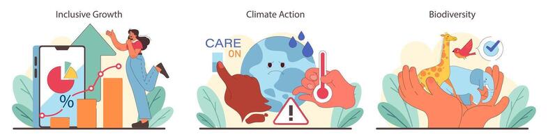 economico equità, clima urgenza, e natura conservazione impostare. vettore