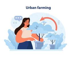 donna nutrimento in vaso alberi nel urbano ambiente. piatto vettore illustrazione