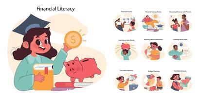 bambino finanziario alfabetizzazione impostare. piatto vettore illustrazione