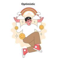 luminosa e gioioso vettore illustrazione di un' persona con un' arcobaleno sopra la testa, cattura il essenza di ottimismo e positivo pensiero