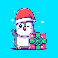 carino illustrazione di simpatico pinguino con regalo di natale. buon Natale vettore