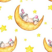 Reticolo senza giunte dell'acquerello con bambino che dorme sulla luna. vettore