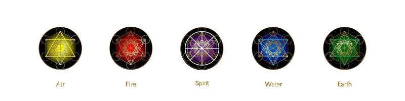 cinque elementi icone e simbolo dello spirito magico, modello di set di simboli rotondi in oro. aria, fuoco, acqua, terra quattro simboli. pittogramma segni di alchimia isolati su sfondo bianco. elementi vettoriali colorati