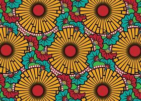 tessuto africano con stampa a cera, ornamento etnico fatto a mano per il tuo design, fiori etnici afro ed elementi geometrici motivi tribali. struttura variopinta di vettore, fondo di stile di modo di ankara del tessuto dell'Africa vettore