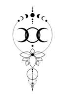 tripla luna, geometria sacra, simbolo della dea wicca pagana mezza luna. fasi lunari, tatuaggio nero, segno banner wicca, cerchio energetico del fiore di loto, stile boho, vettore isolato su sfondo bianco