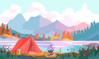 colorato paesaggio con un' montagna lago. fiume banca. rosso tenda nel il campeggio. stile di vita. bandiera e turismo pubblicità. vettore