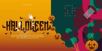 contento Halloween sfondo nel geometrico stile. contento Halloween copertina con zucche, ragno ragnatele e tipografia. adatto per manifesti, saluto carte e festa inviti per Halloween celebrazioni vettore