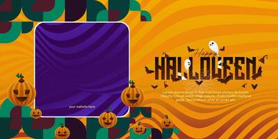 contento Halloween sfondo nel geometrico stile. contento Halloween copertina con zucche, ragno ragnatele e tipografia. adatto per manifesti, saluto carte e festa inviti per Halloween celebrazioni vettore