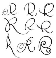 set di arte calligrafia lettera R con fiorire di spirali decorativi vintage. Illustrazione vettoriale EPS10