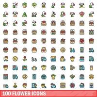 100 fiore icone impostare, colore linea stile vettore