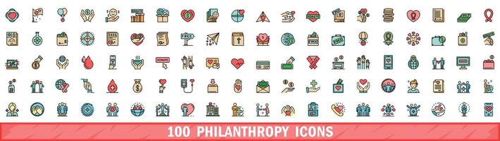 100 filantropia icone impostare, colore linea stile vettore
