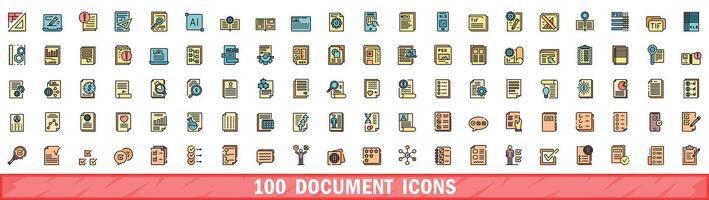 100 documento icone impostare, colore linea stile vettore