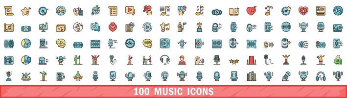 100 musica icone impostare, colore linea stile vettore