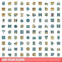 100 film icone impostare, colore linea stile vettore