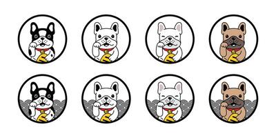 cane vettore francese bulldog fortunato gatto Giappone maneki neko icona cucciolo animale domestico onda cartone animato personaggio simbolo illustrazione scarabocchio design