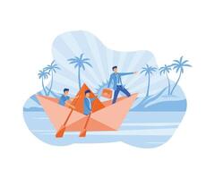 comando concetto. uomo d'affari capo con binocolo condurre attività commerciale squadra andare in barca origami nave. piatto vettore moderno illustrazione