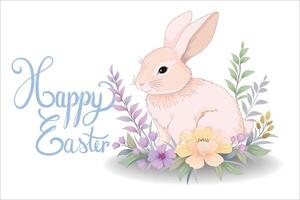 carino Pasqua coniglietto con fiori per decorazione. vettore