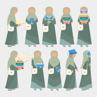 vettore illustrazione impostato di hijab ragazza lettura, apprendimento, Tenere un' prenotare, e trasporto un' pila di libri per educativo concetto.