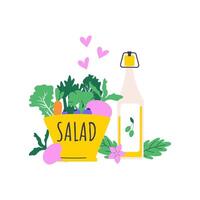 illustrazione di insalata ciotola con verde la verdura, carota, barbabietola, oliva olio bottiglia. amore essere salutare vettore concetto.