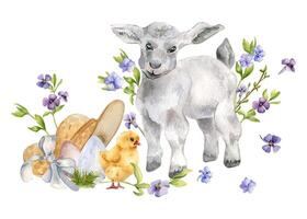 Pasqua floreale acquerello illustrazione con agnello e uova isolato su bianca. azienda agricola paesaggio con primavera blu fiori e pulcino mano disegnato per Pasqua carta nel neutro colore. rurale Visualizza con azienda agricola animali domestici vettore