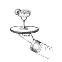 Cameriere con vassoio e alcool bevande schizzo incisione vettore illustrazione isolato su bianca sfondo. graffiare tavola imitazione. nero e bianca monocromatico mano disegnato Immagine.