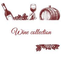 vettore mano disegnato modello illustrazione di vino e Antipasti. Vintage ▾ vino carta con vino bicchiere, uva, bottiglia, botte. incisione alcolizzato bevanda telaio con copia spazio. bar menù design