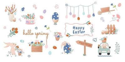 contento Pasqua clip arte. impostato di cartone animato personaggi nel retrò stile. Pasqua coniglietto, auto con coniglietto, fiori, cestino con Pasqua uova, ghirlanda, mazzo. vettore