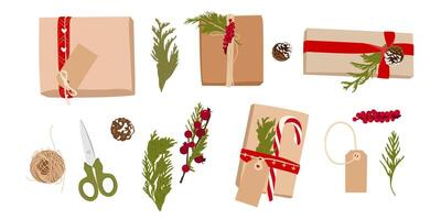 collezione con Natale scatola, bosso rametto e agrifoglio. vacanza Imballaggio. piatto vettore illustrazione nel minimalista stile.