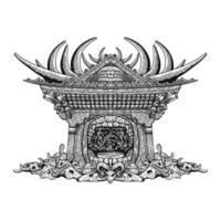 dettagliato linea arte tatto, illustrazione di di legno cancello con cranio, nero dominio vettore