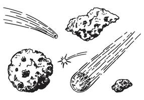 cosmico spazio scarabocchi impostare. schema disegni di meteora, comete, asteroidi. astronomia scienza schizzi. mano disegnato vettore illustrazione isolato su bianca.