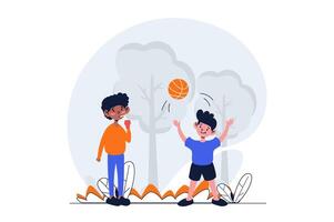 bambini giocando ragnatela concetto con personaggio scena. carino ragazzi giocare pallacanestro con sfera, camminare insieme nel parco. persone situazione nel piatto design. vettore illustrazione per sociale media marketing Materiale.