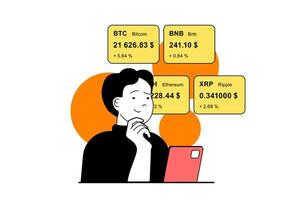 criptovaluta mercato concetto con persone scena nel piatto ragnatela design. uomo gestisce il suo digitale crypto portafogli e fa contabilità. vettore illustrazione per sociale media striscione, marketing Materiale.