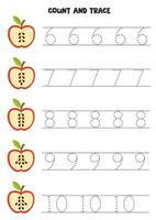 contare Mela semi e tracciare numeri. educativo foglio di lavoro per bambini. vettore