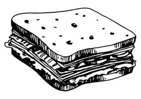 Sandwich schizzo. mano disegnato vettore illustrazione nel retrò stile. singolo veloce cibo scarabocchio. schema clipart isolato su bianca sfondo.