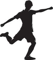 minimo giovane calcio giocatore calciando un' palla posa vettore silhouette, nero colore silhouette 19