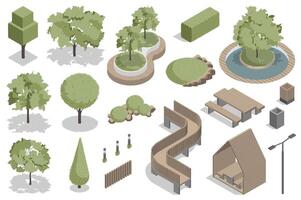 verde parco isometrico elementi costruttore mega impostare. Creatore kit con piatto grafico alberi e cespugli per paesaggio, di legno panchine, recinzione, lanterna, spazzatura bidone. vettore illustrazione nel 3d isometria design