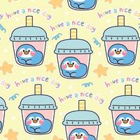 senza soluzione di continuità modello di carino pinguino nel bolla latte tè tazza con avere un' simpatico giorno testo background.bird animale personaggio cartone animato design.baby abbigliamento.kawaii.vettore.illustrazione. vettore