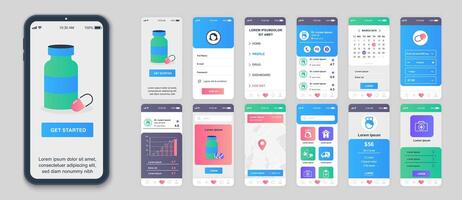 medicina mobile App schermi impostato per ragnatela modelli. imballare di paziente profilo, in linea farmacia ordini, medico trattamenti, account menù. ui, ux, gui utente interfaccia kit per cellulare layout. vettore design