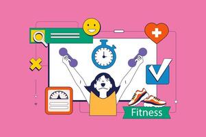 fitness concetto nel piatto neo brutalismo design per ragnatela. donna esercizio con manubri, in esecuzione formazione e allenarsi per peso perdita. vettore illustrazione per sociale media striscione, marketing Materiale.