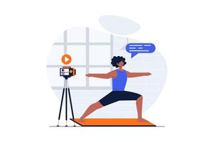 yoga asana concetto con personaggio scena. uomo allenatore praticando yoga pose e registrazione video per blog. persone situazione nel piatto design. vettore illustrazione per sociale media marketing Materiale.