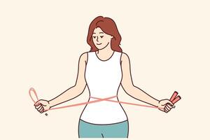 fitness donna formazione con saltare corda nel mani, mostrando via snello figura e magro vita vettore