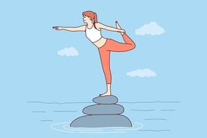 donna fa pilates o yoga, in piedi su fiume rocce su uno gamba, mantenimento Perfetto equilibrio vettore