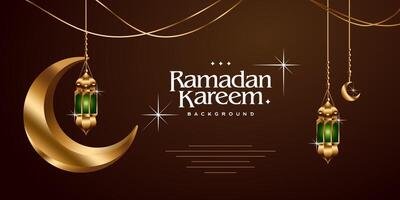 Marrone e d'oro Ramadan kareem saluto carta vettore. 3d vettore moderno islamico vacanza striscione, Ramadan kareem si intende Ramadan il generoso mese. sospeso lanterna e mezzaluna Luna arredamento illustrazione