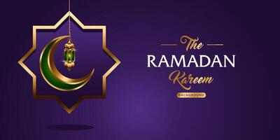 viola e d'oro Ramadan kareem saluto carta vettore. 3d vettore moderno islamico vacanza striscione, Ramadan kareem si intende Ramadan il generoso mese. sospeso lanterna e mezzaluna Luna arredamento illustrazione