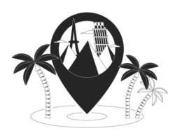 viaggio destinazione perno nero e bianca 2d illustrazione concetto. tropicale vacanza Pinpoint Posizione cartone animato schema oggetto isolato su bianca. attrazioni Europa vacanze metafora monocromatico vettore arte